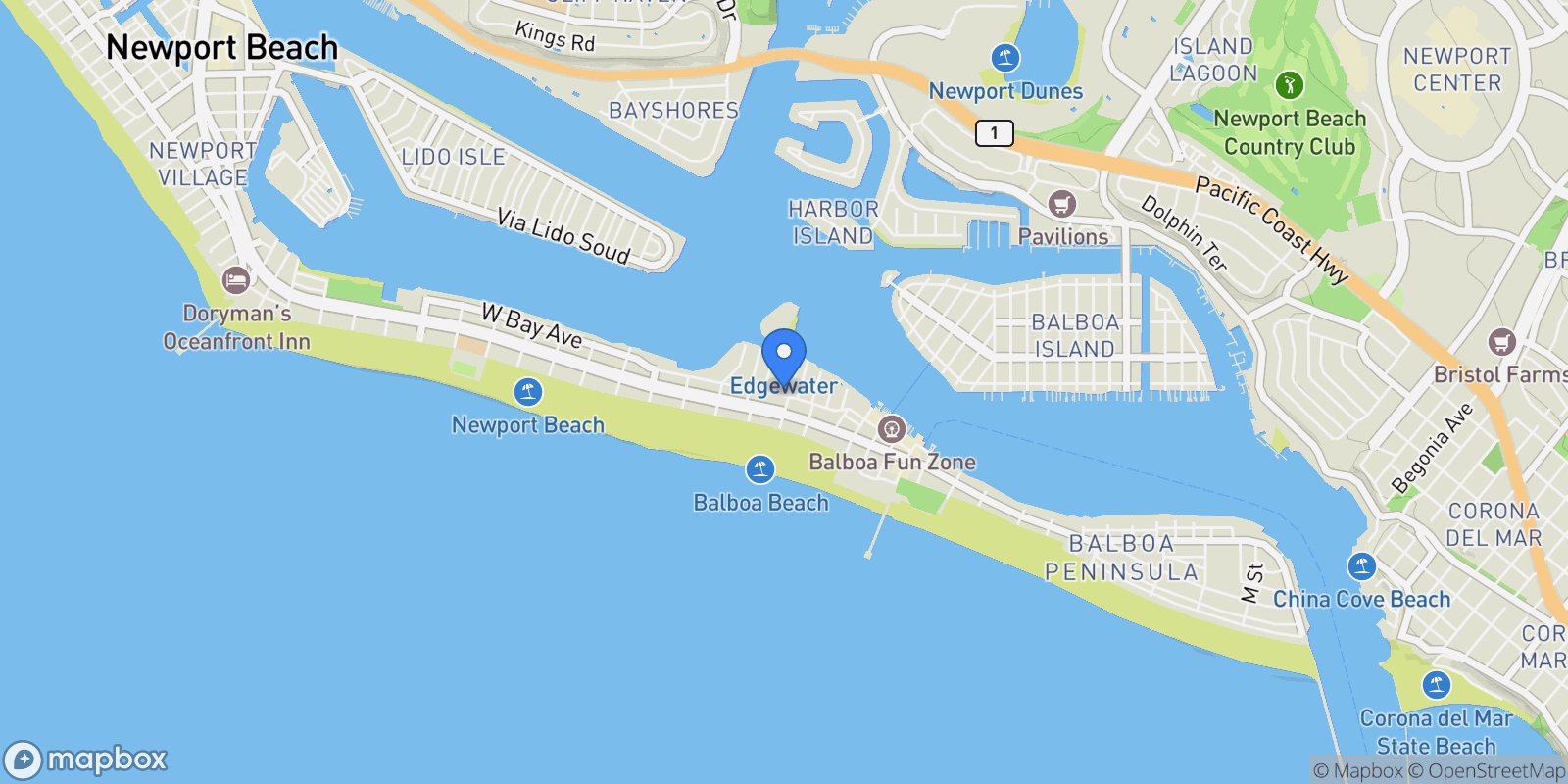Map showing 122 E Bay Avenue, Newport Beach, California, United States.