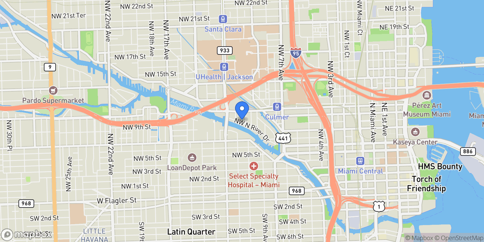 Map showing 1061 NW North River Dr, Miami, Florida, United States.
