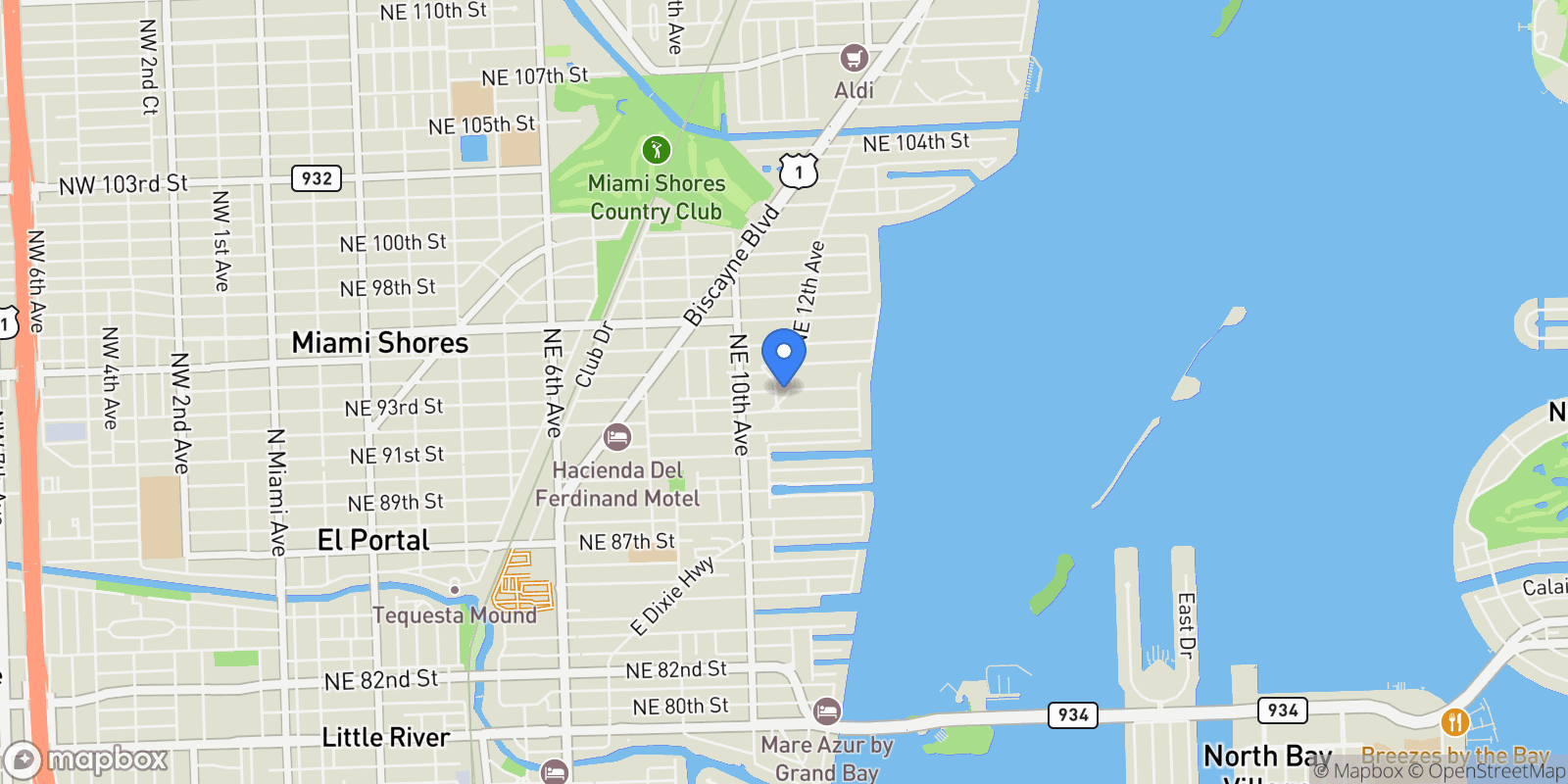 Map showing 9280 NE 12th Ave, Miami, Florida, United States.