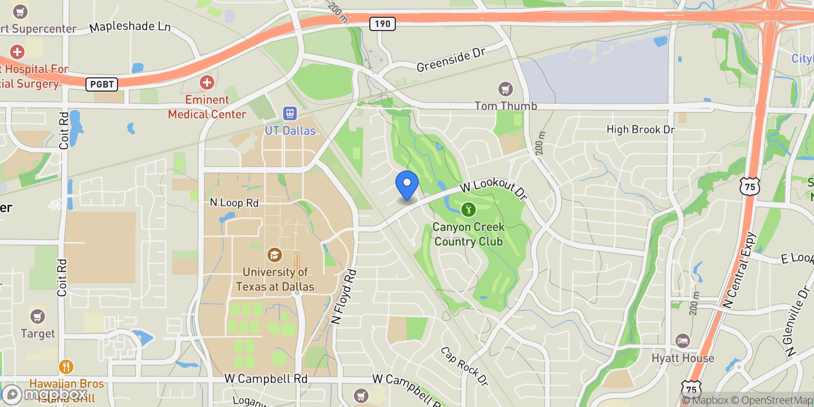 Map showing 1104 W Lookout Drive, Richardson, TX 75080, Richardson, Texas, United States.
