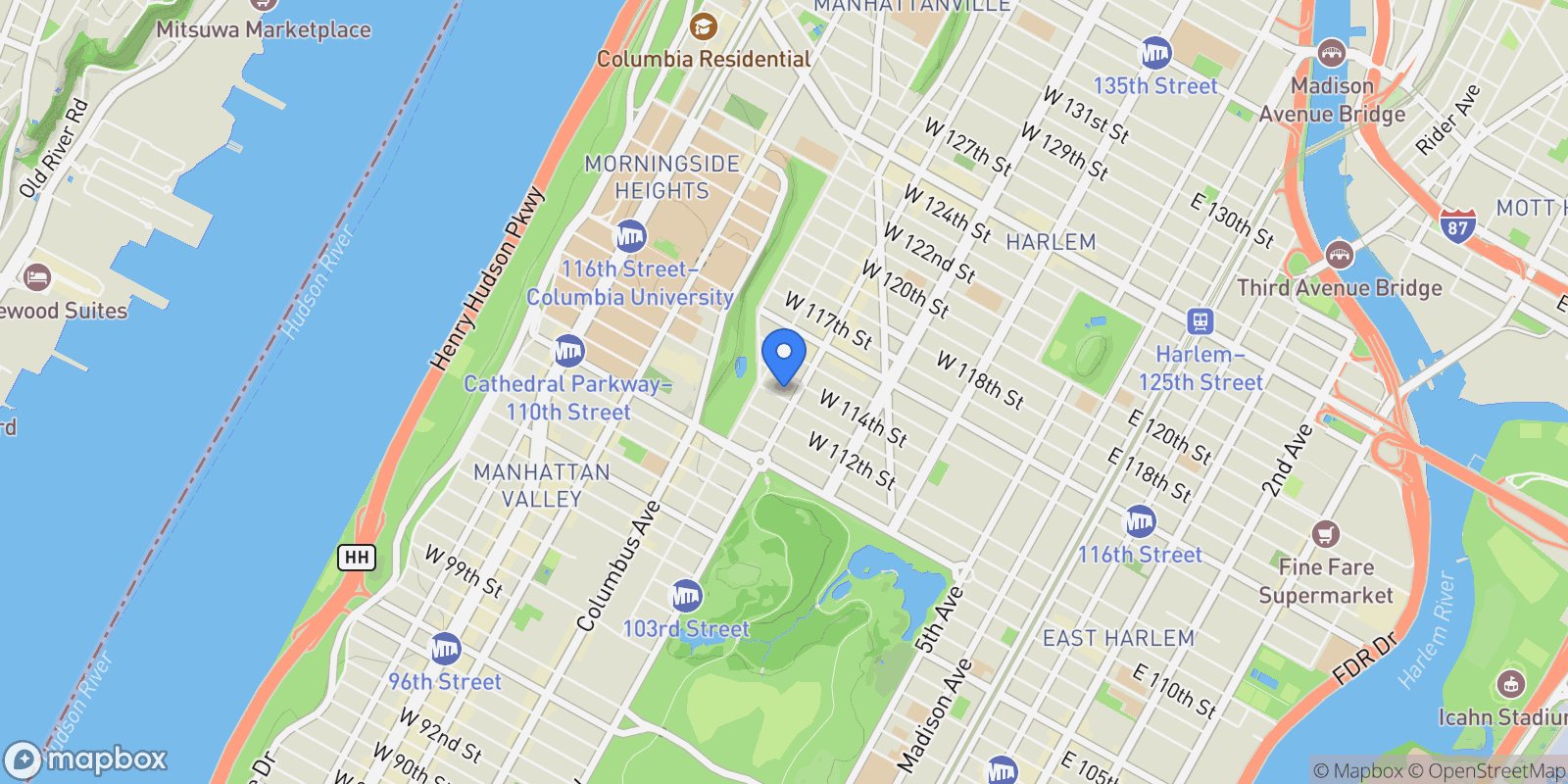 Map showing 303WST113, 303 W 113TH ST, New York, New York, United States.
