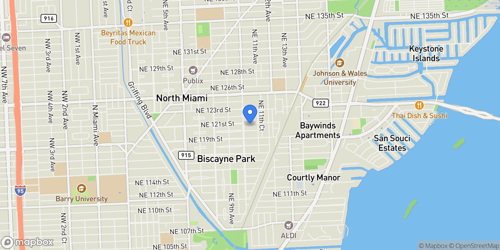 Map showing 1030 NE 121st St, Miami, Florida, United States.