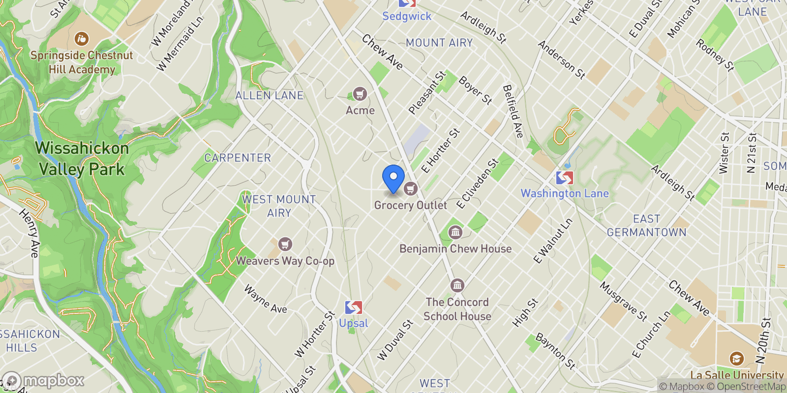 Map showing 100 W Phil Ellena, Philadelphia, PA 19119, Philadelphia, Pennsylvania, United States.