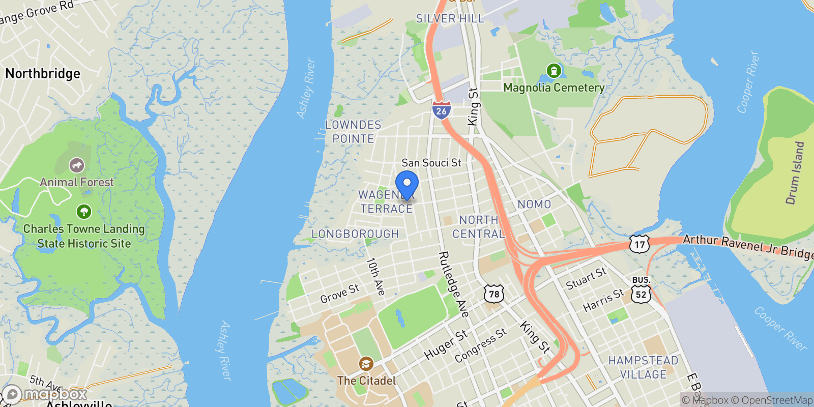 Map showing 136 Maple Street, Charleston, SC 29403, Charleston, South Carolina, United States.