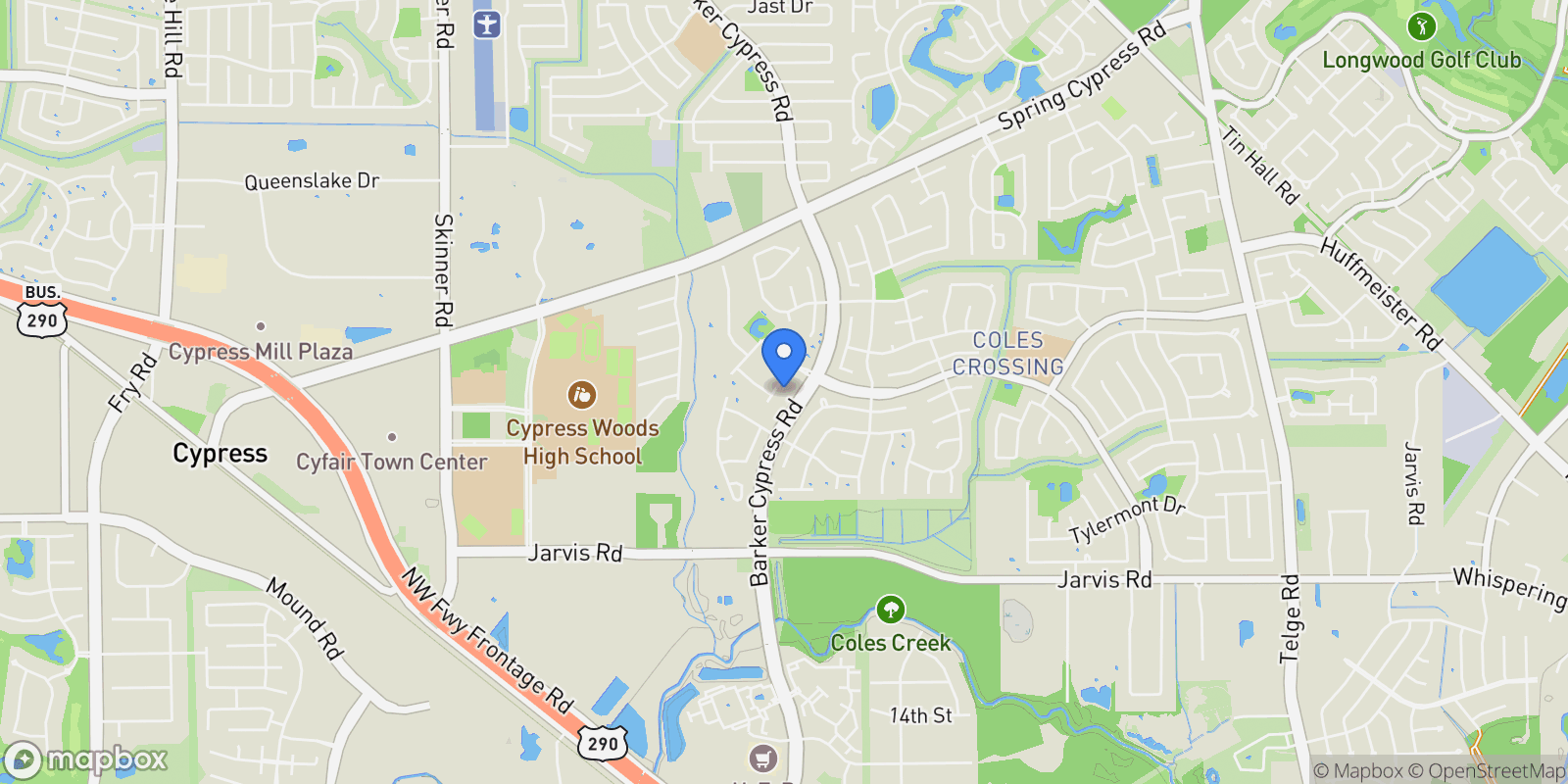 Map showing 13506 Key Ridge Lane, Cypress, TX 77429, Houston, Texas, United States.