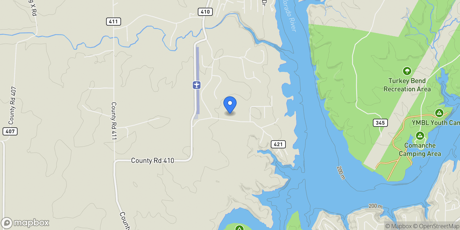 Map showing 404 County Road 421, Spicewood, Texas, United States.