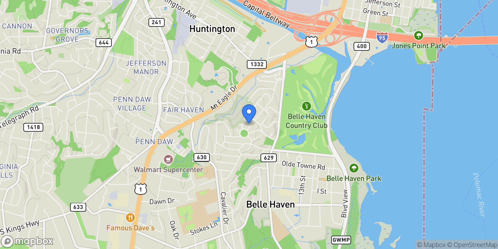 Map showing 6122 Woodmont Road, Alexandria, VA 22307, Belle Haven, Virginia, United States.
