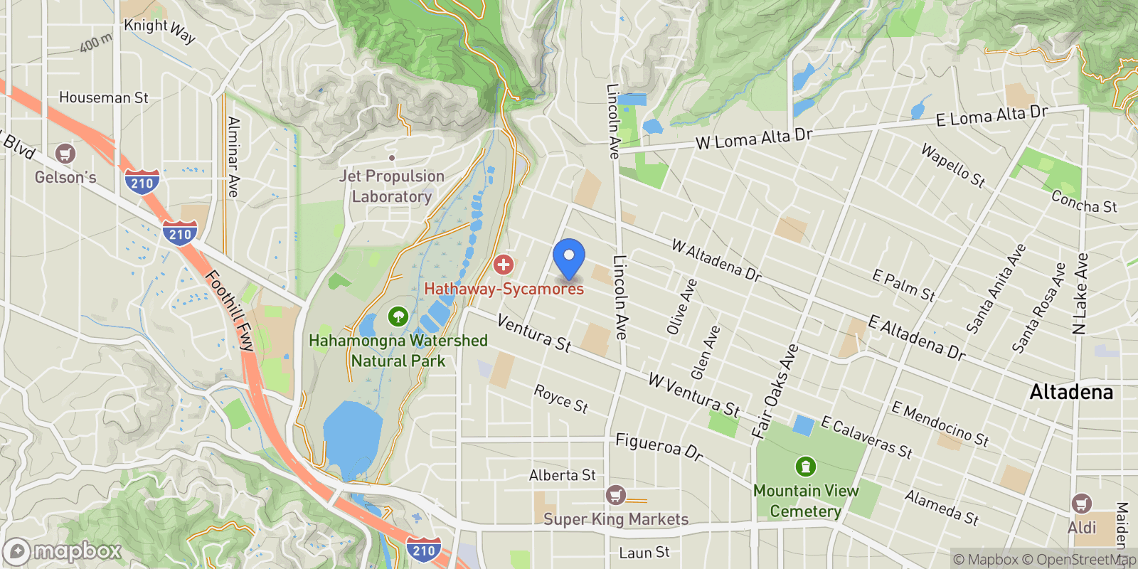 Map showing 672 W Mendocino Street, Altadena, California, United States.