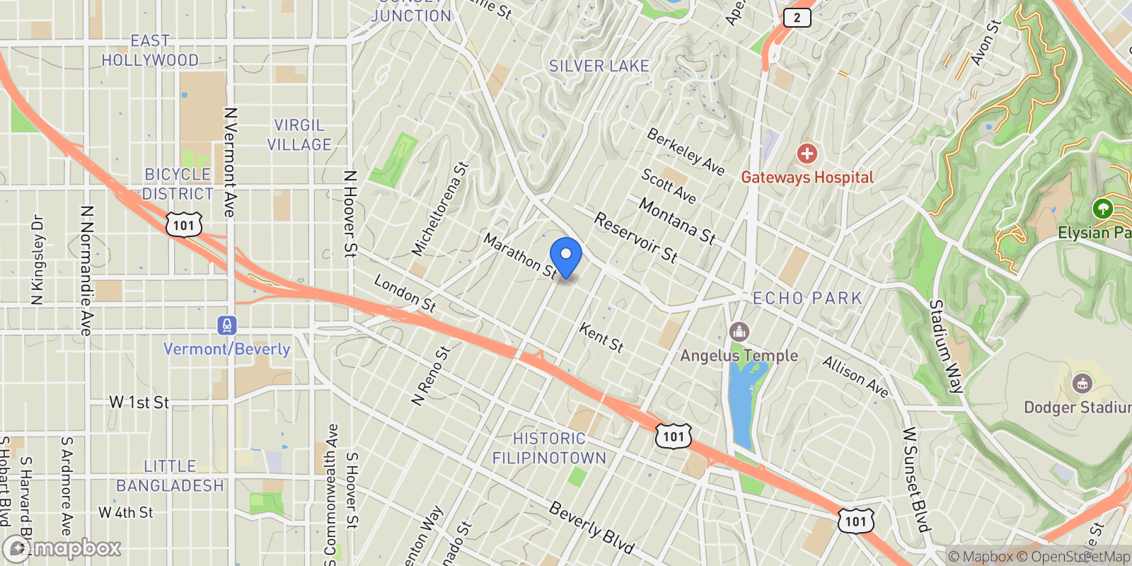 Map showing 2612 Marathon Street, Los Angeles, California, United States.