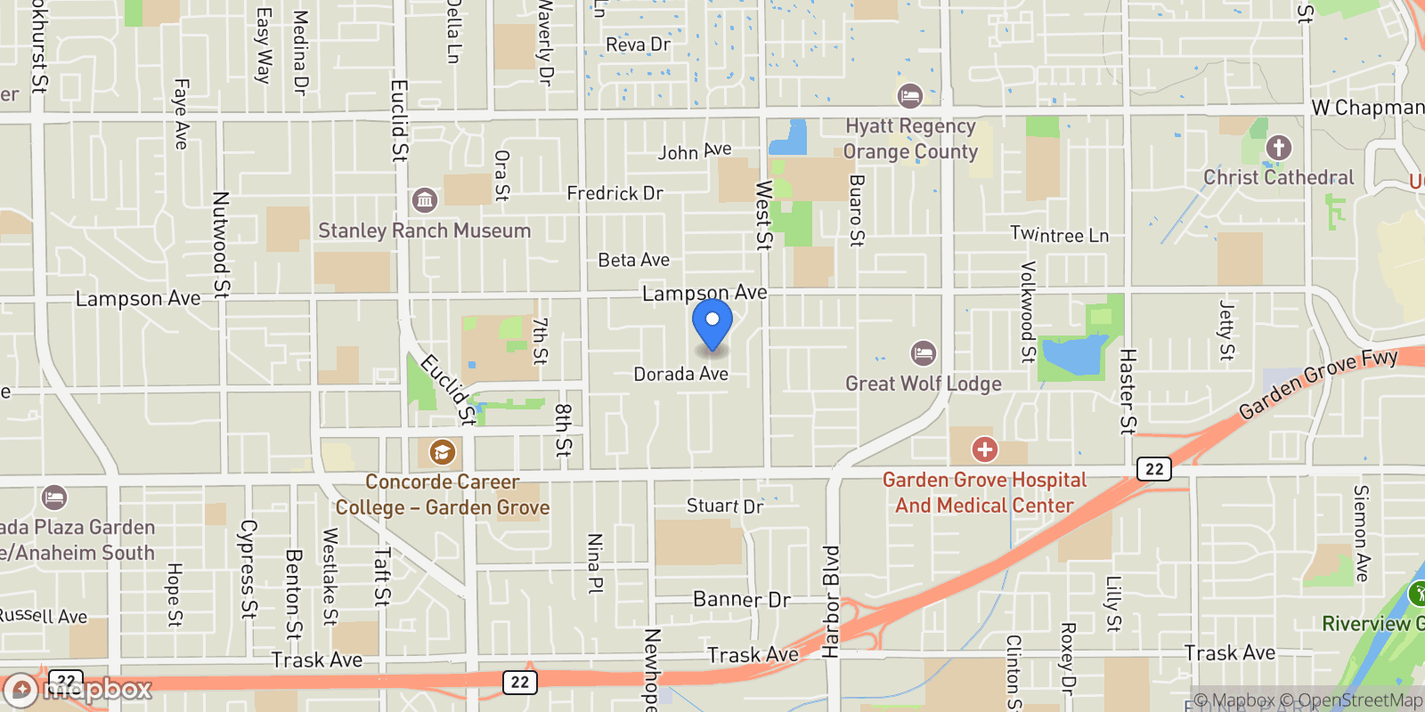 Map showing 12662 Woodland, Garden Grove, California, United States.