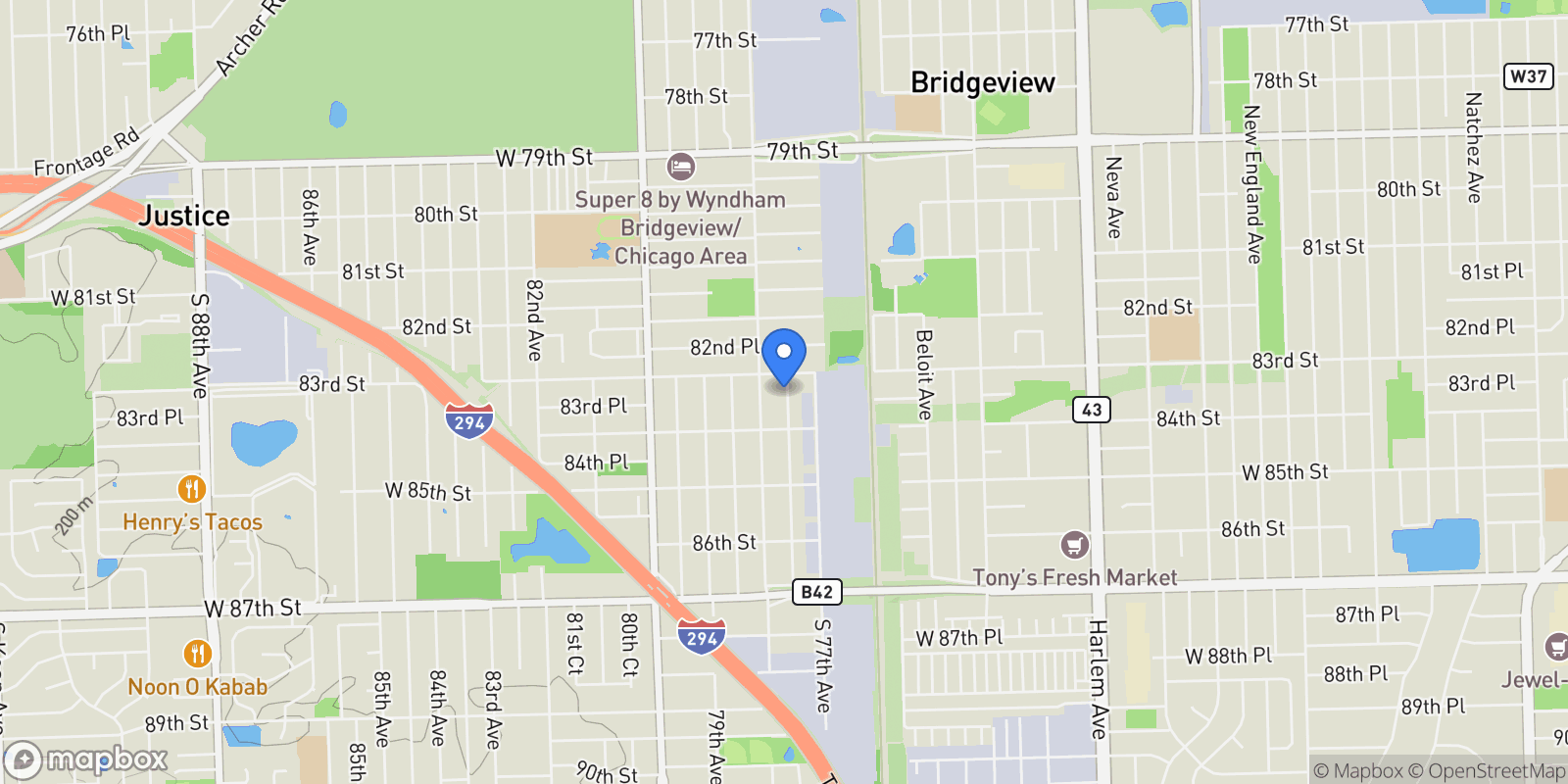 Map showing 8332 S 77th Court, Bridgeview, Illinois, United States.