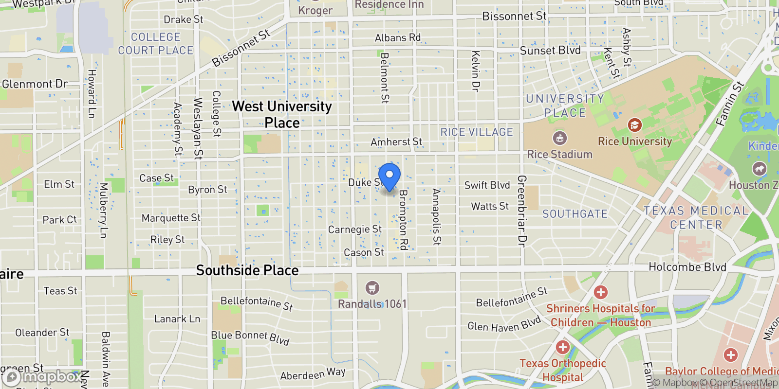 Map showing 6425 Belmont Street, West University Place, TX 77005, Houston, Texas, United States.