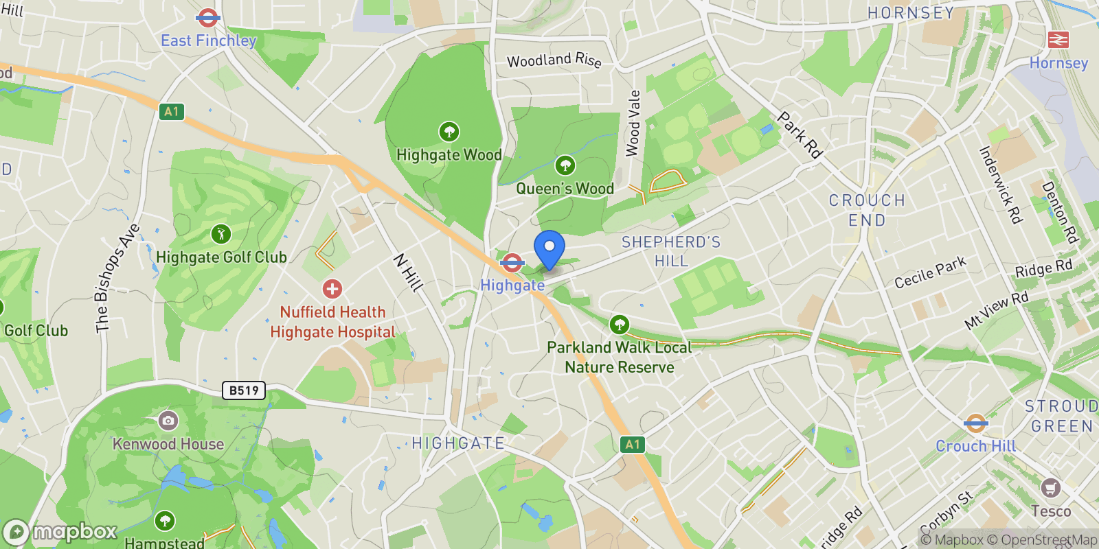 Map showing Causton Road, Highgate N6, London, England, United Kingdom.