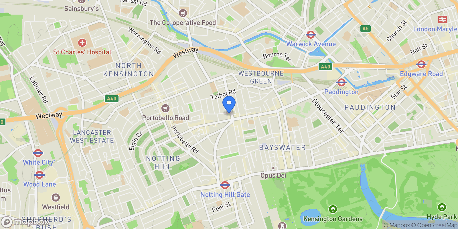 Map showing Westbourne Gardens, Bayswater, W2, London, England, United Kingdom.