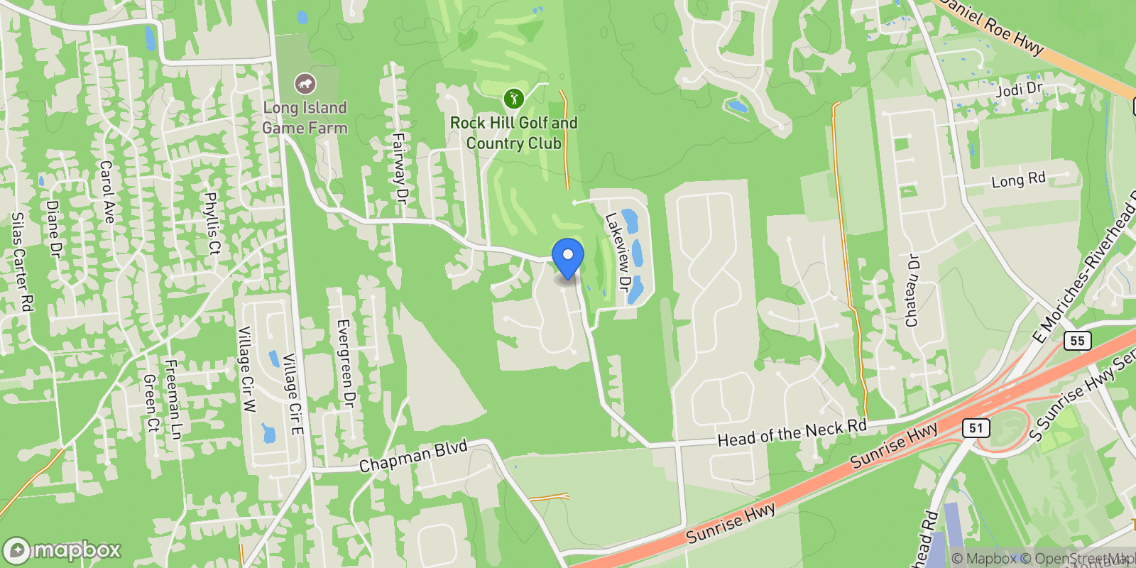 Map showing 48 Windcrest Drive, Manorville, NY 11949, Manorville, New York, United States.