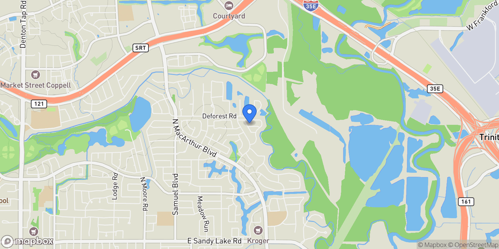 Map showing 906 Beau Drive, Coppell, Texas, United States.