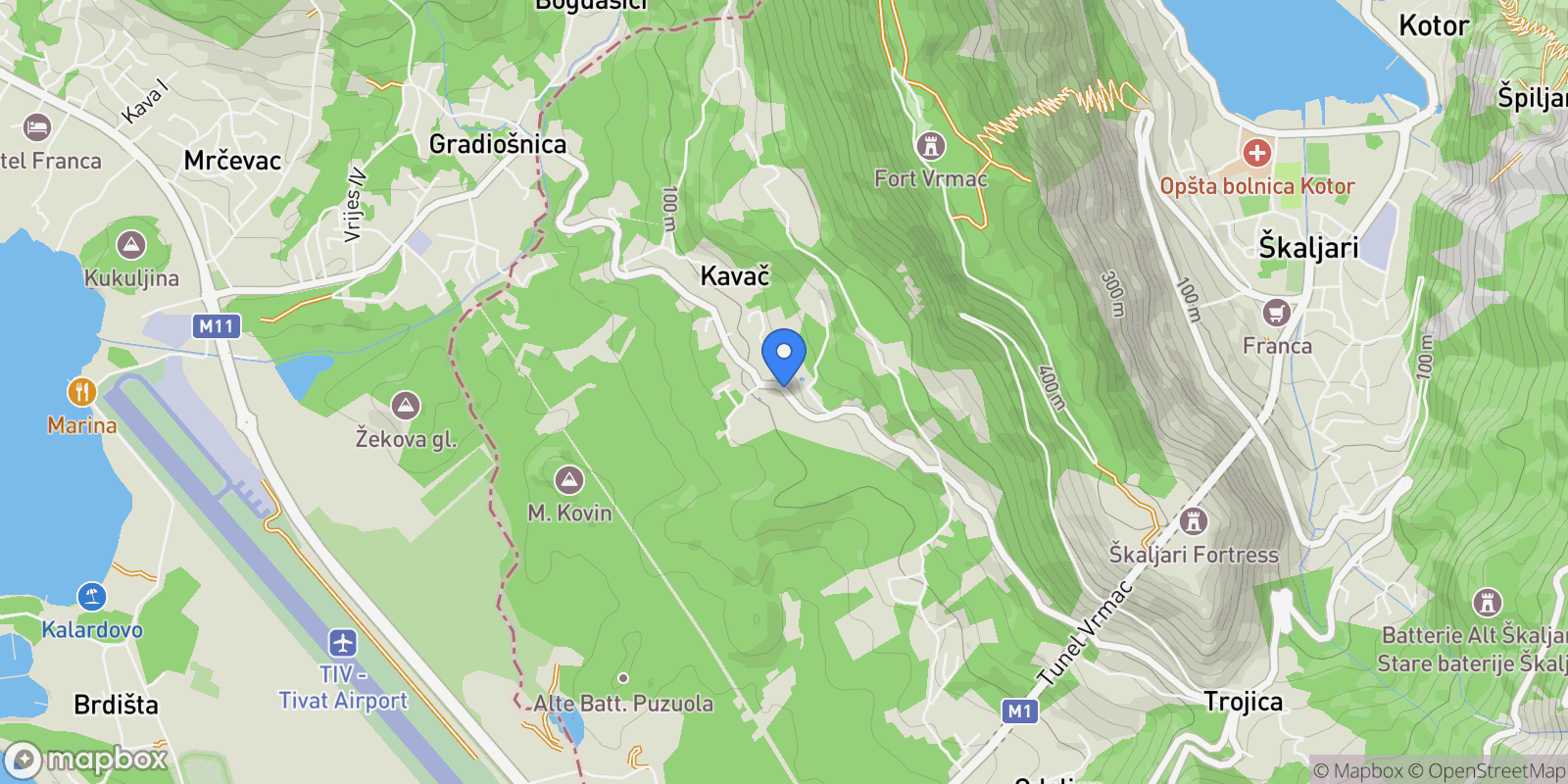 Map showing Kotor, Kavač, Kotor Municipality, Montenegro.
