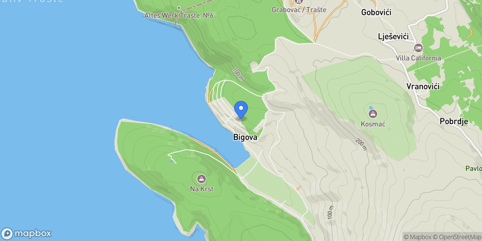 Map showing Kotor, Bigova, Kotor Municipality, Montenegro.
