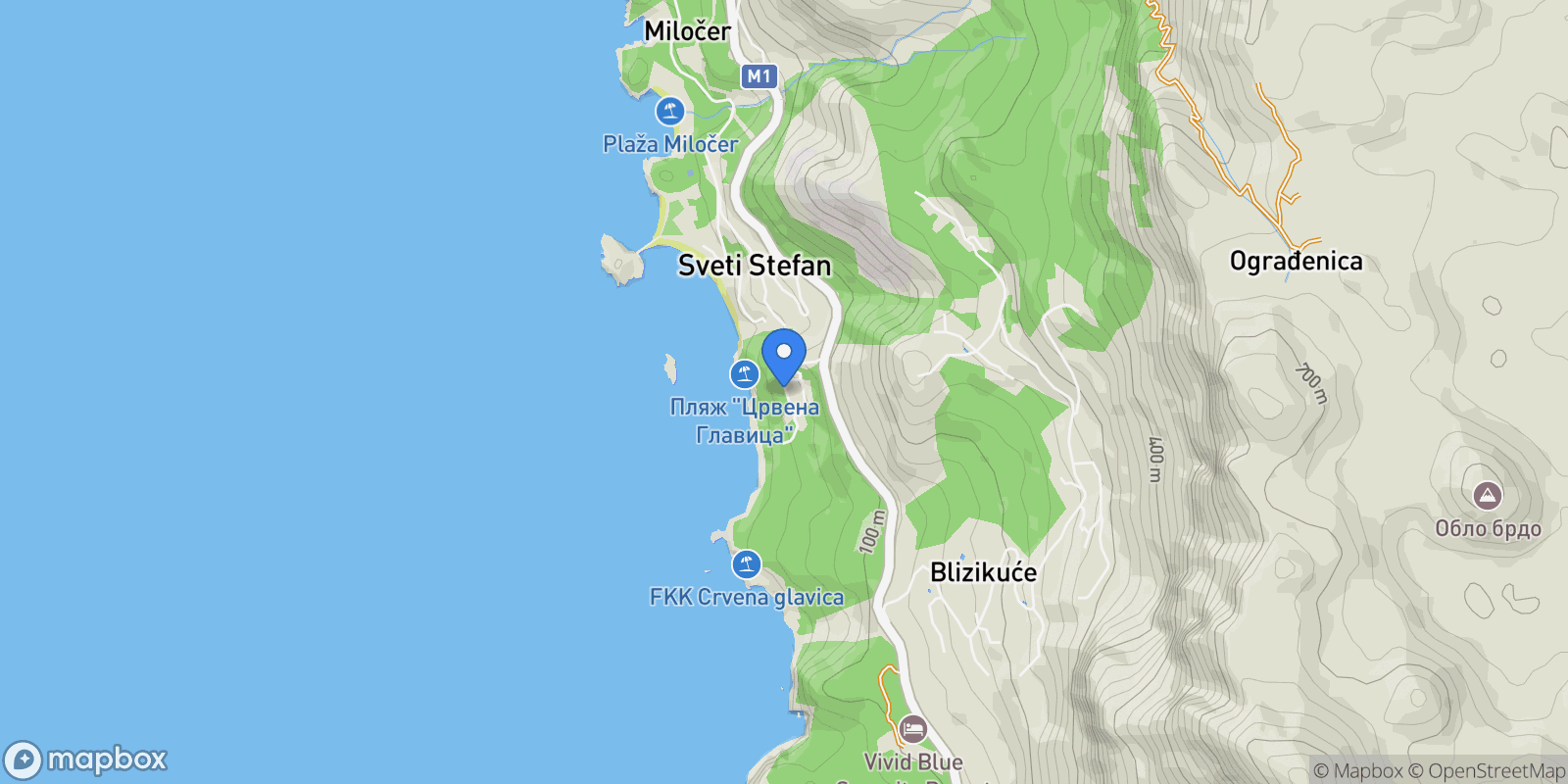 Map showing Budva, Sveti Stefan, Budva Municipality, Montenegro.