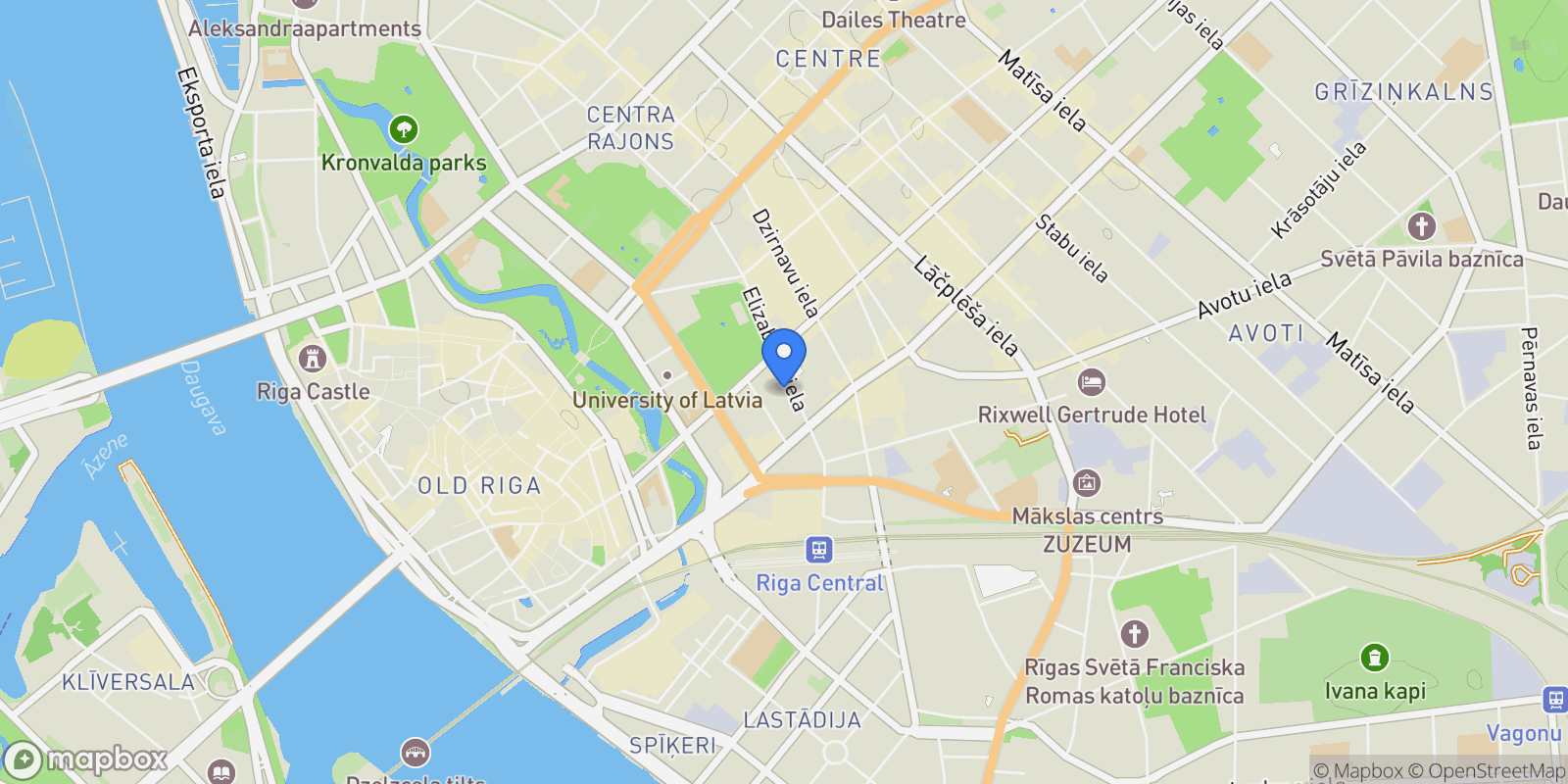 Map showing Elizabetes iela 18, Centra rajons, Rīga, LV-1050, Latvia, Riga, Latvia.