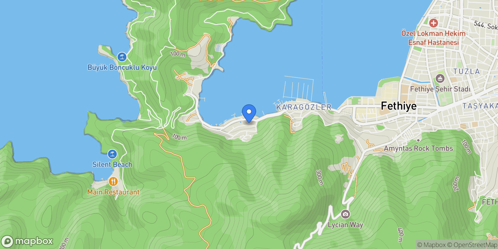 Map showing Karagözler, Fethiye/Muğla, Türkiye, Muğla, Turkey.
