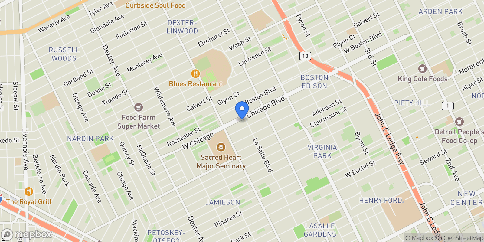 Map showing 2423 Chicago Boulevard, Detroit, MI 48206, Detroit, Michigan, United States.