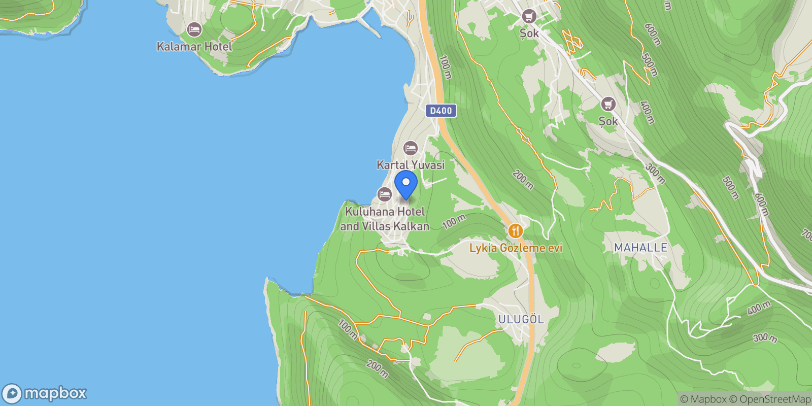 Map showing Kalkan, Zeytinlik Cd. No:17, 07580 Kaş/Antalya, Türkiye, Antalya, Turkey.