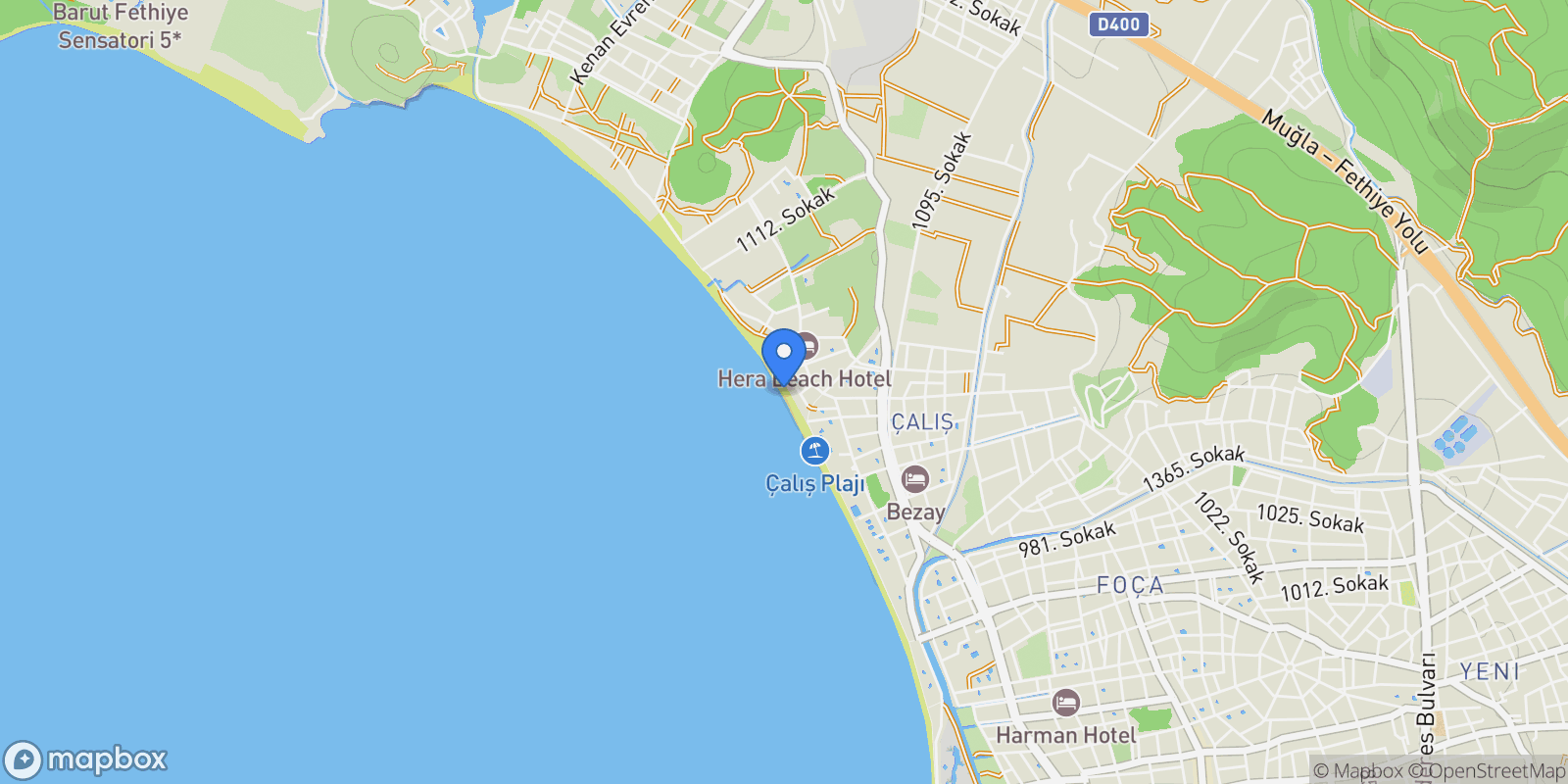 Map showing Çalış Beach, Fethiye/Muğla, Türkiye, Çalış Beach, Muğla, Turkey.