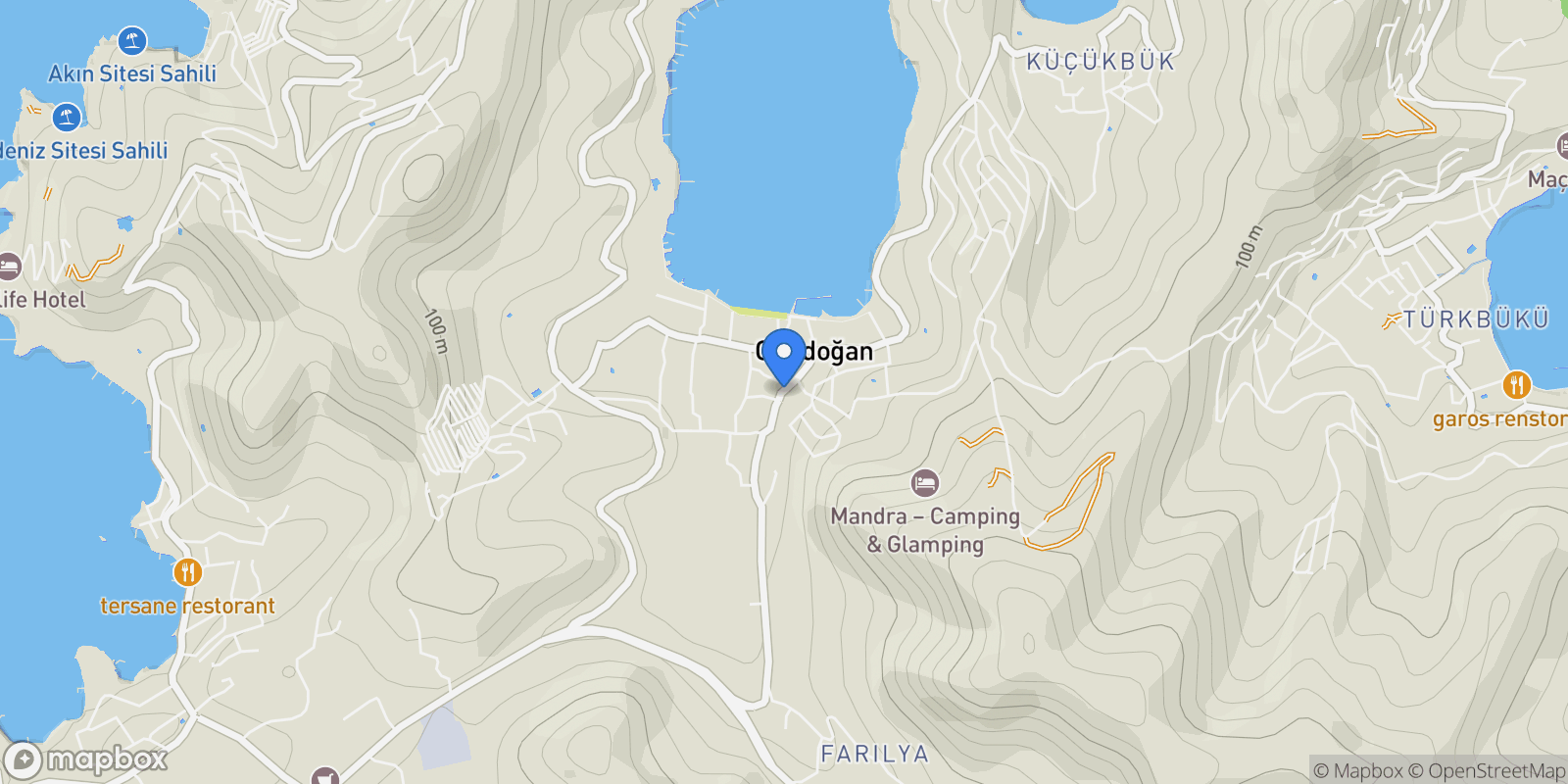 Map showing Gündoğan, 48965 Bodrum/Muğla, Türkiye, Gündoğan, Muğla, Turkey.
