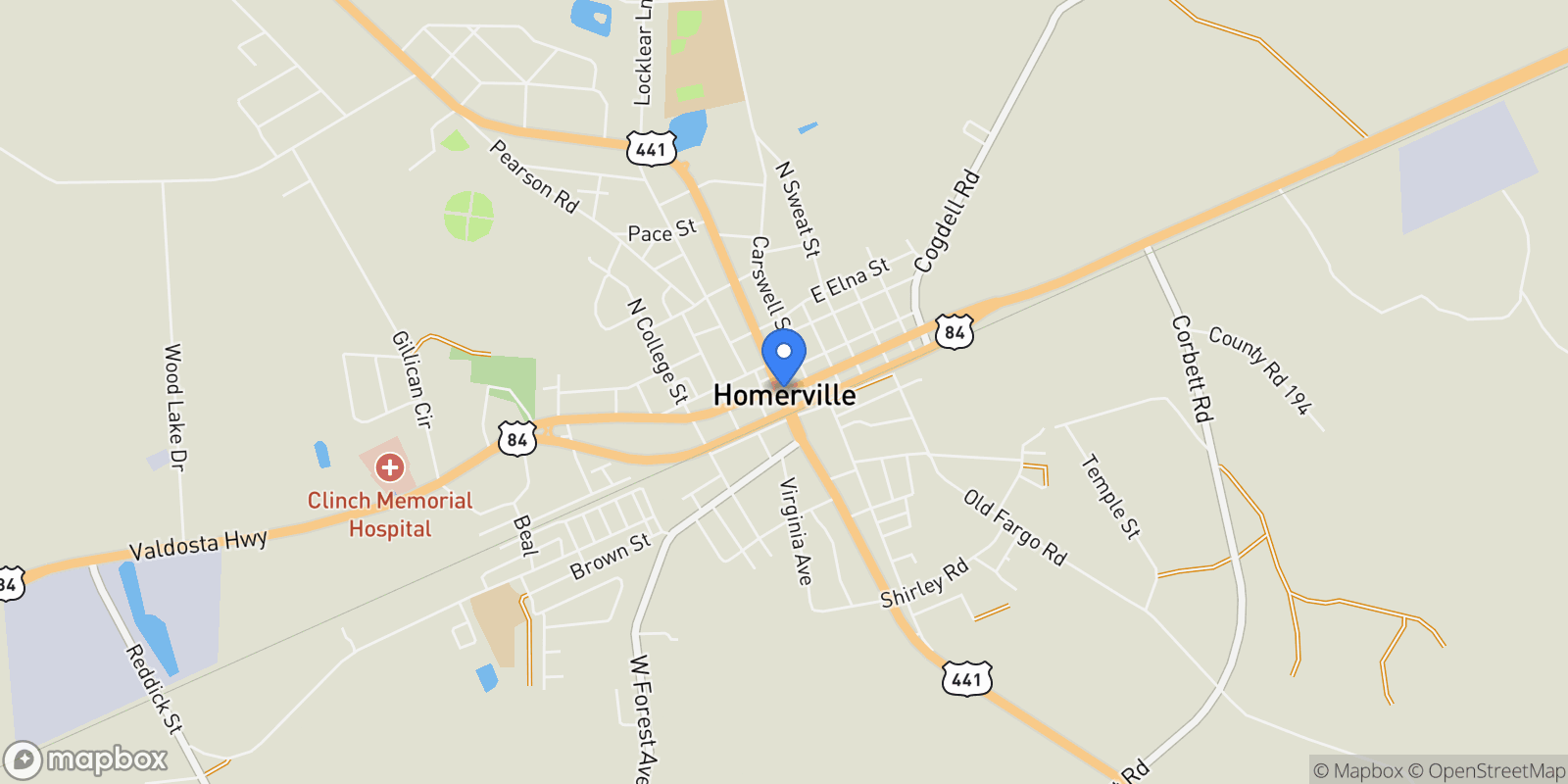 Map showing 0 Fargo Highway, Homerville, GA 31634, Homerville, Georgia, United States.