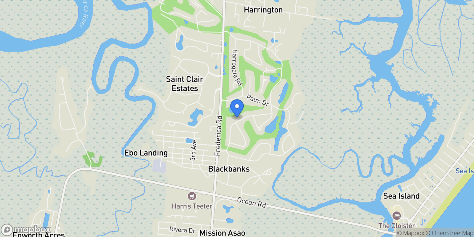 Map showing 121 Colonial Drive, St Simons Island, GA 31522, St. Simons, Georgia, United States.