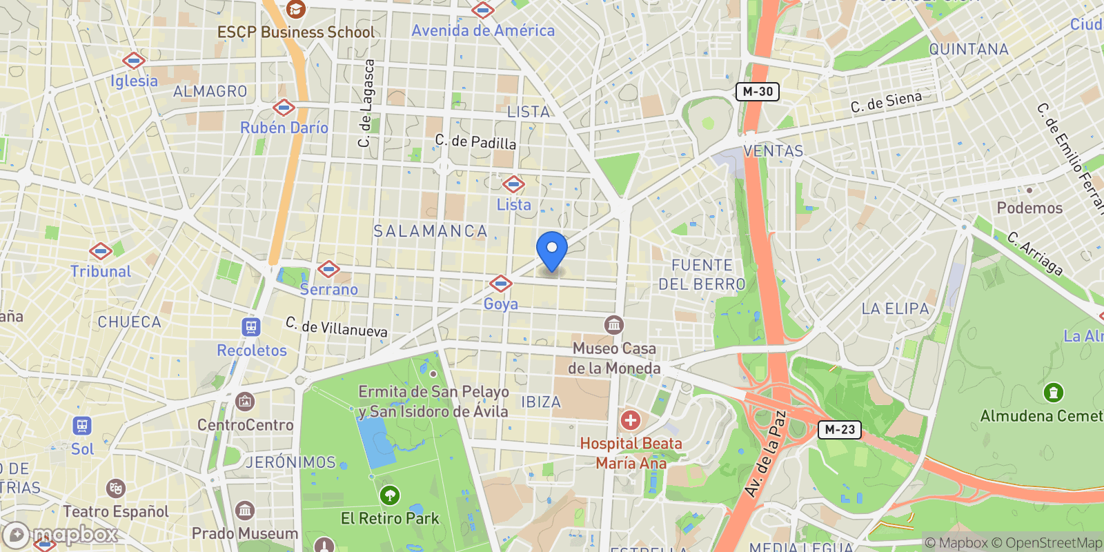 Map showing Calle Goya, 107,  Madrid, Barrio Salamanca, Madrid, Spain.