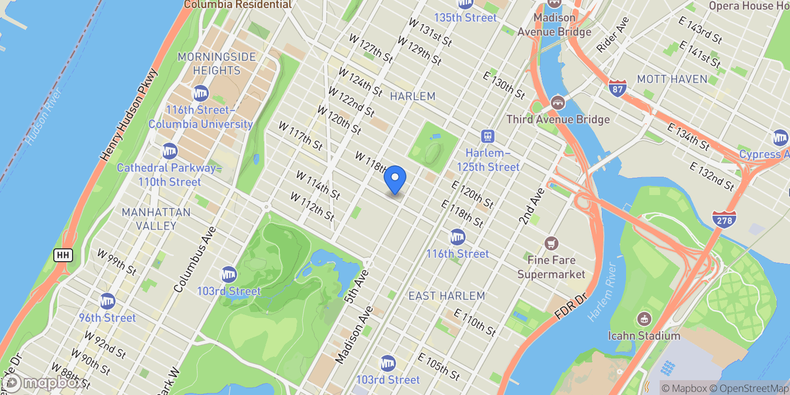 Map showing THE PATAGONIA, 11 W 116TH ST, New York, New York, United States.