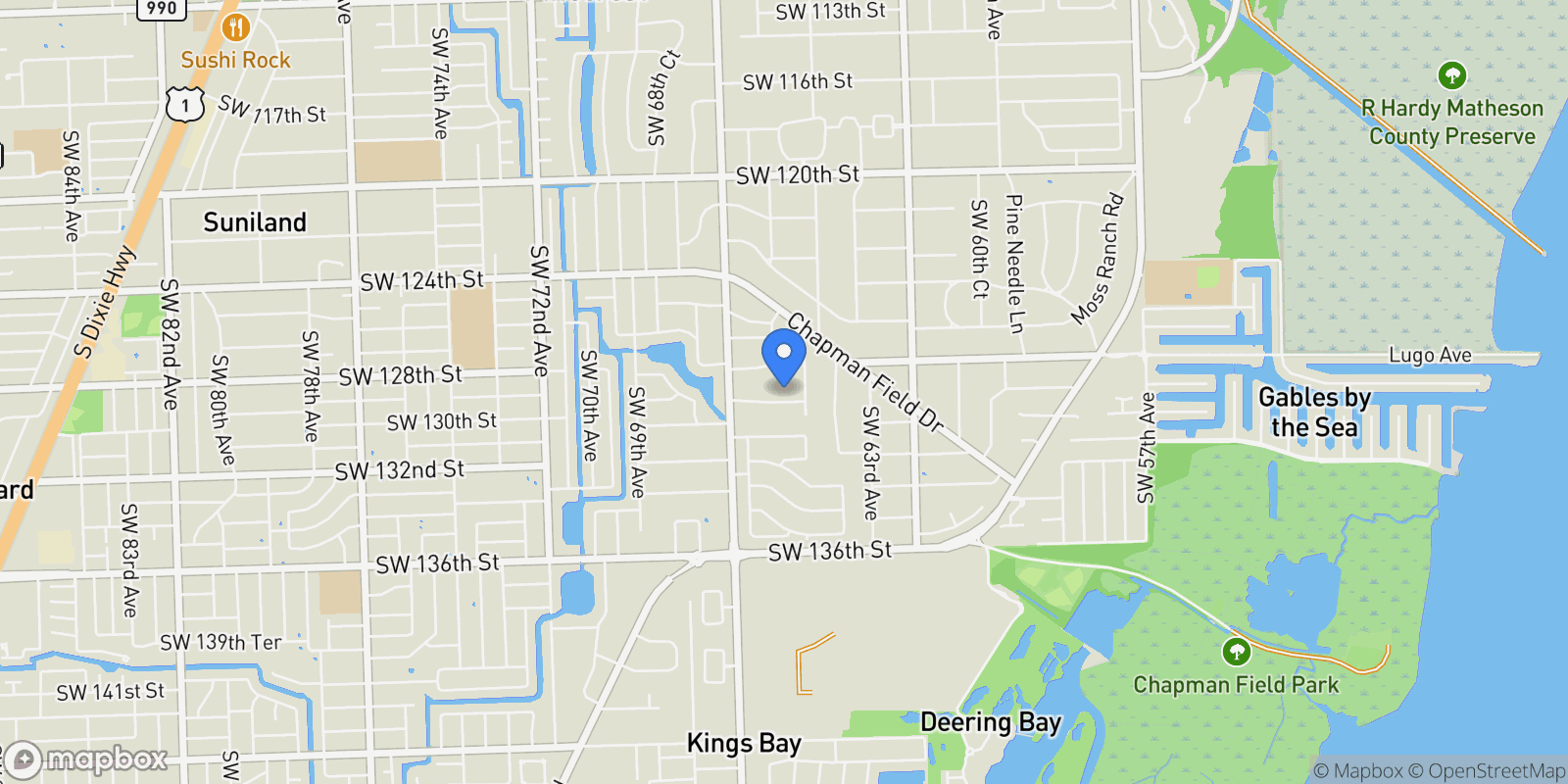 Map showing 6445 SW 129th Ter, Coral Gables, Florida, United States.