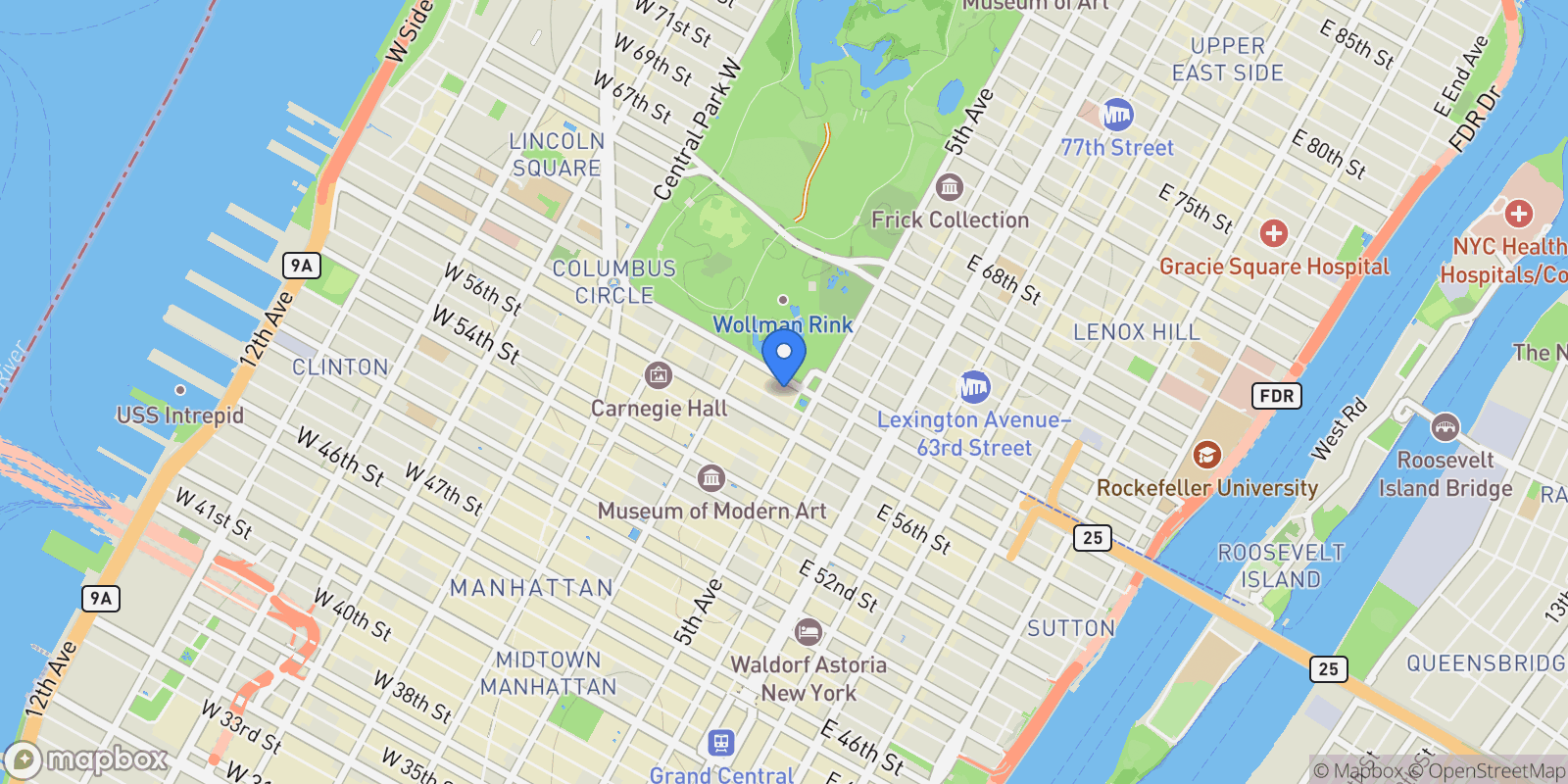 Map showing The Plaza Residence, 1 CENTRAL PARK S, New York, New York, United States.
