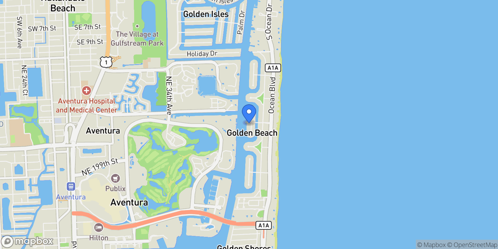 Map showing 393 Centre Is, Golden Beach, Florida, United States.