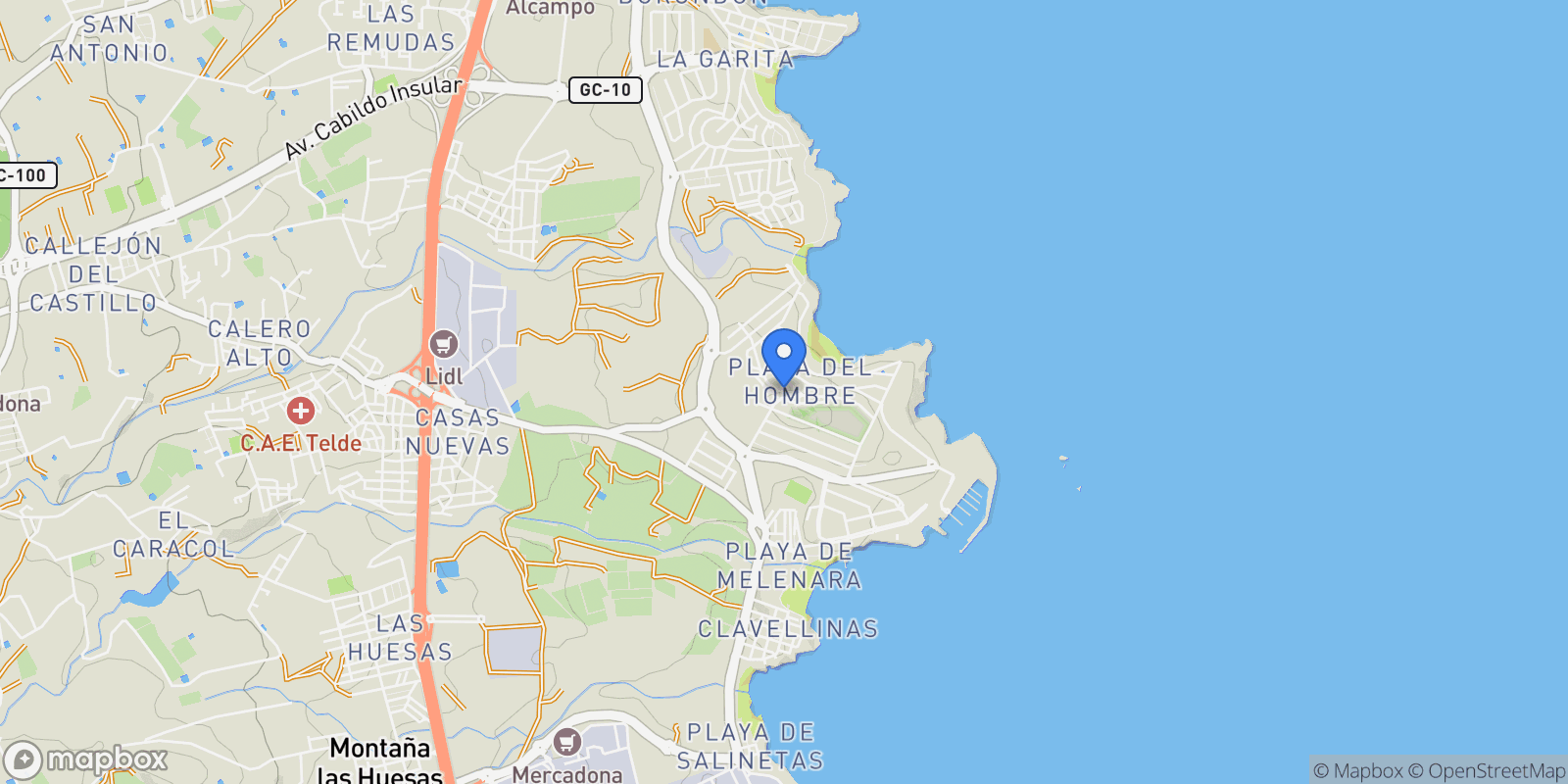 Map showing PLAYA DEL HOMBRE, Las Palmas, PLAYA DEL HOMBRE, Telde, Canary Islands, Spain.