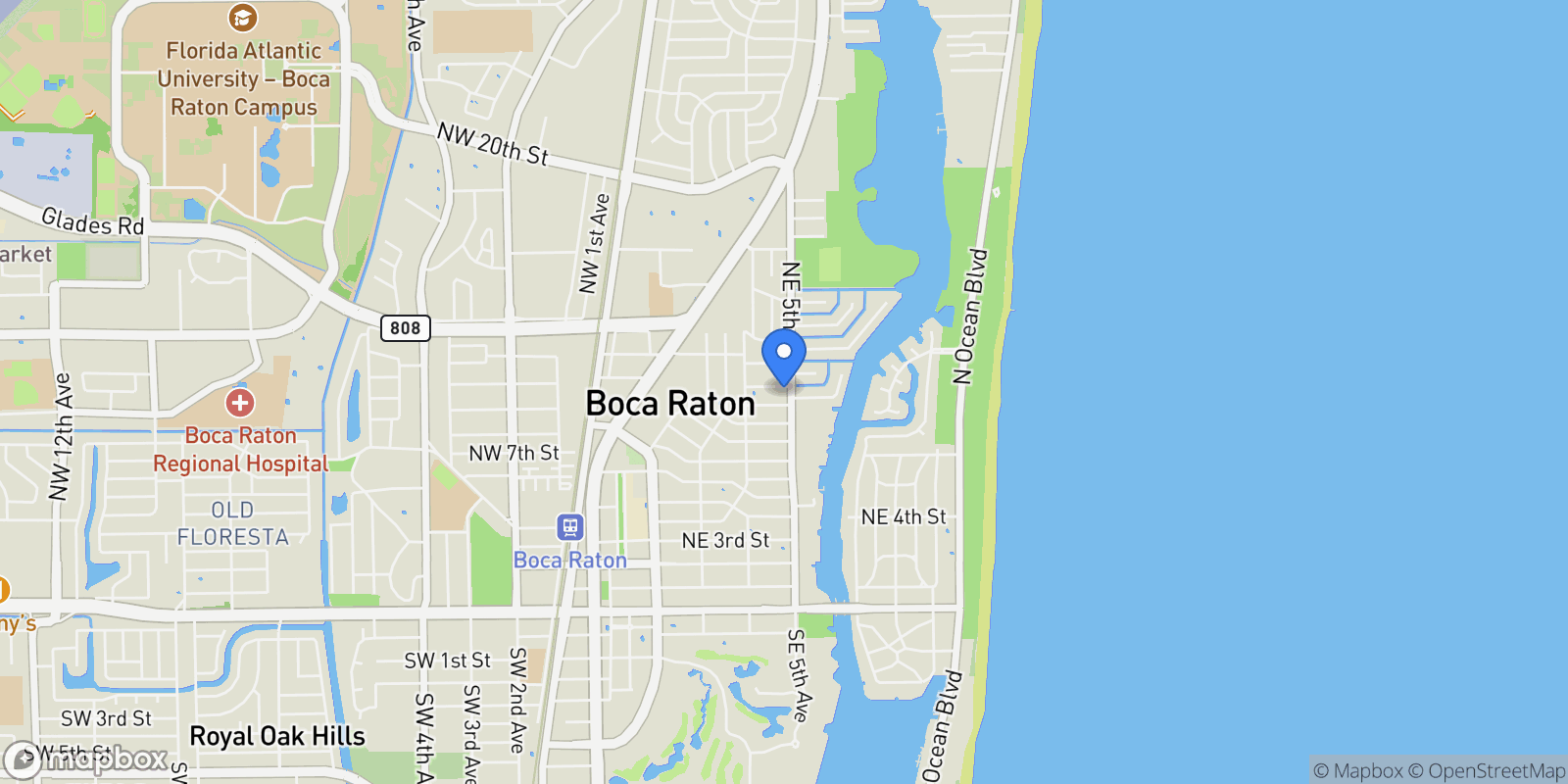 Map showing 498 NE 10th St, Boca Raton, Florida, United States.