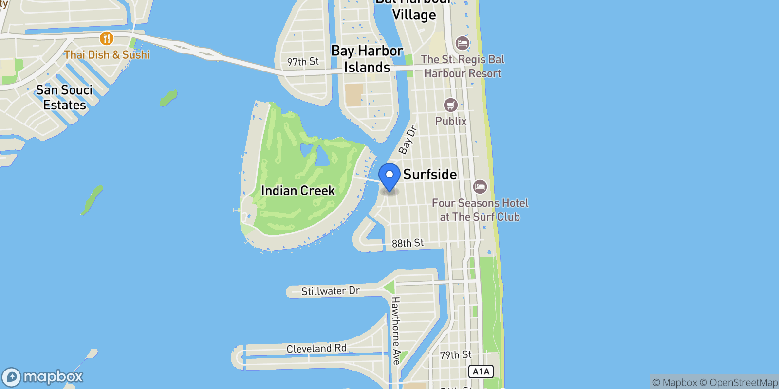 Map showing 9045 Hawthorne Ave, Bal Harbour, Florida, United States.