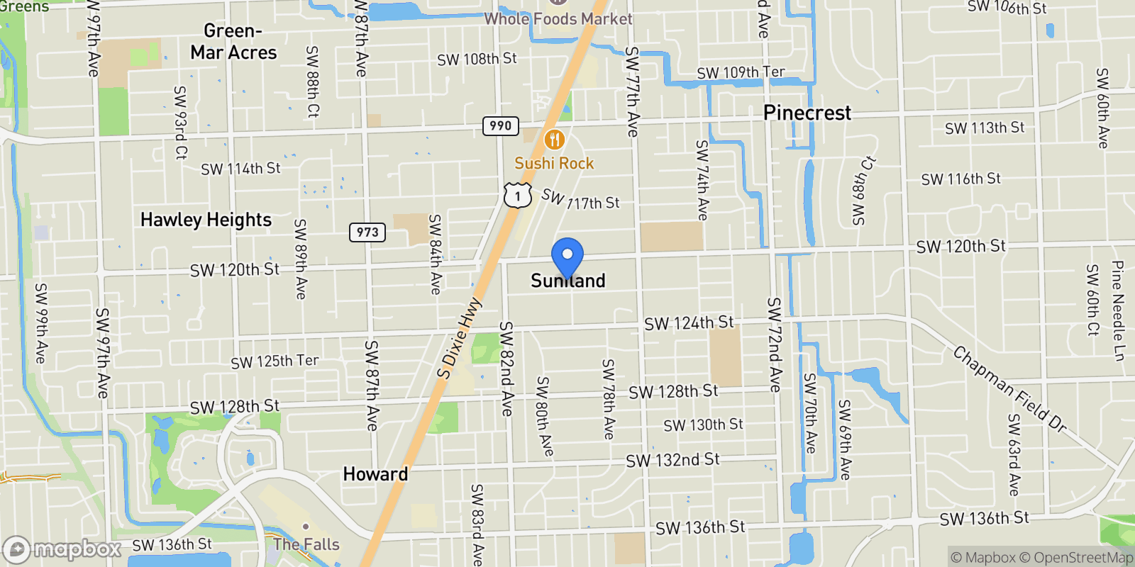 Map showing 12100 SW 79th Ave, Coral Gables, Florida, United States.