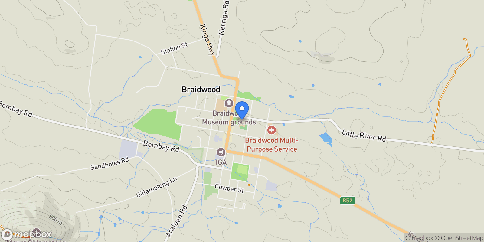 Map showing 1 Park Lane, Braidwood, AUSTRALIA, Braidwood, New South Wales, Australia.