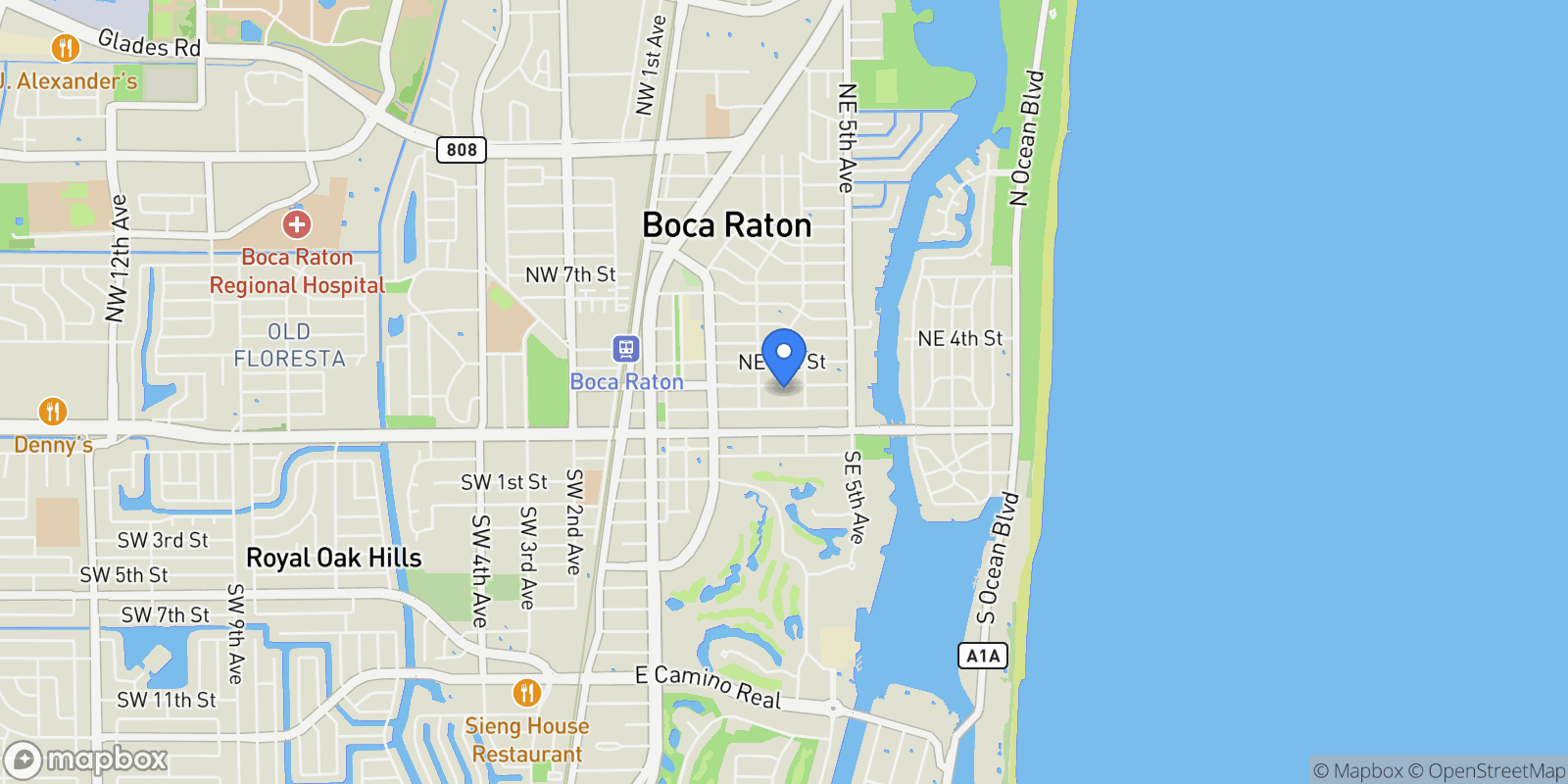 Map showing 344 NE 2nd St, Boca Raton, Florida, United States.