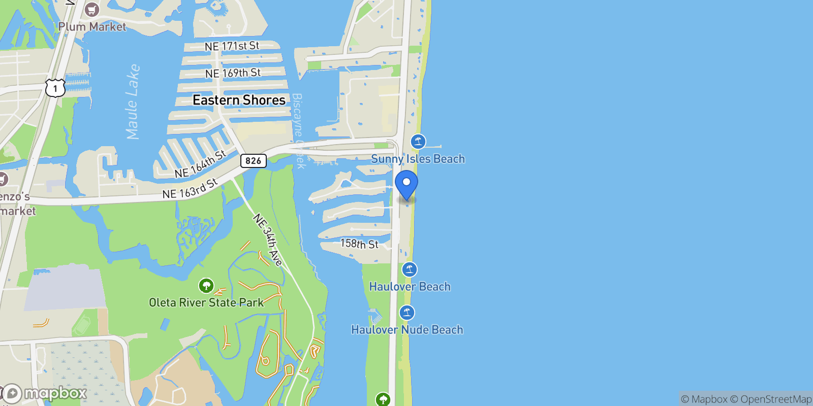 Map showing 16051 Collins Ave 1202, Golden Beach, Florida, United States.