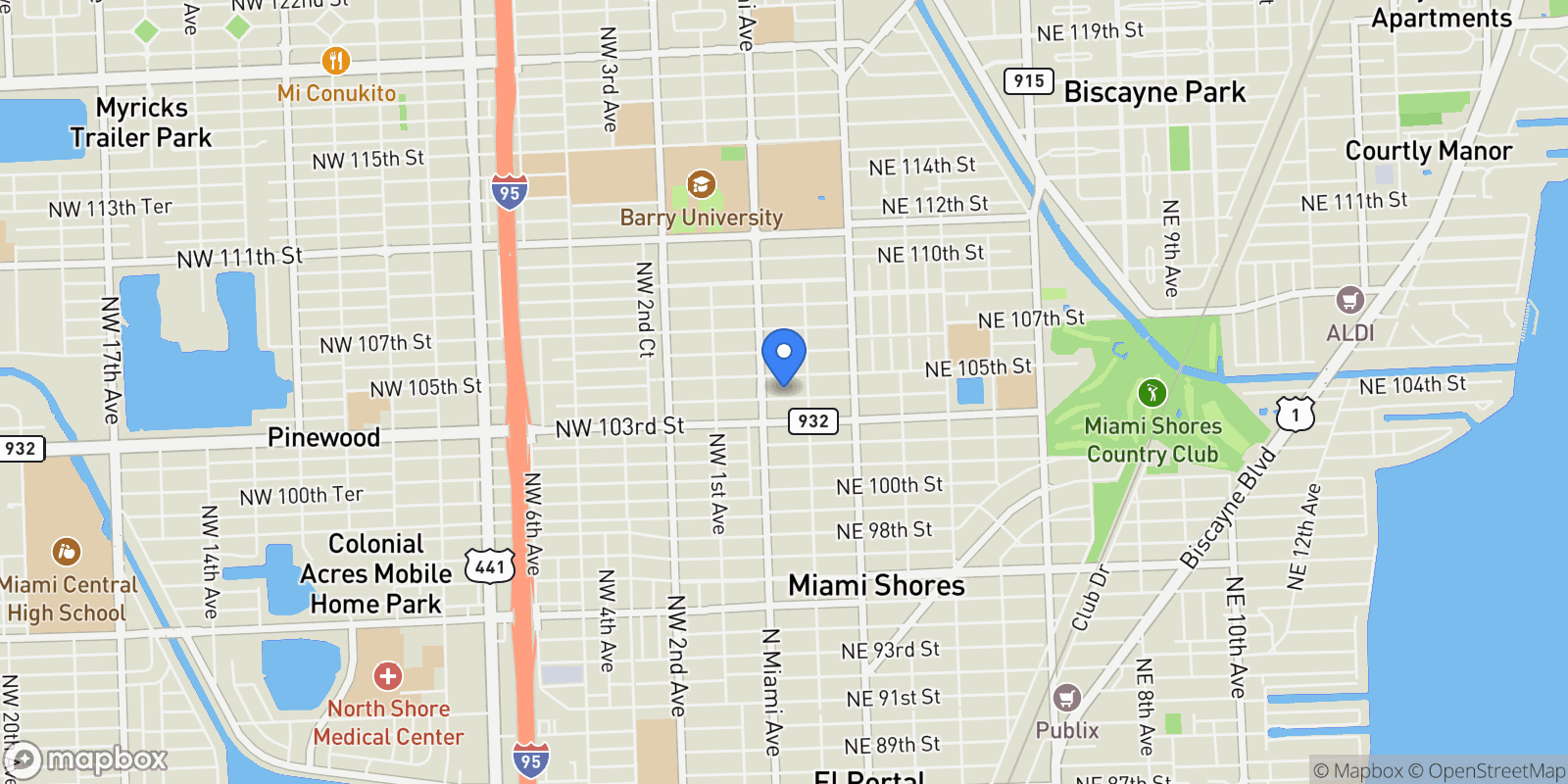 Map showing 45 NE 104th St, Miami, Florida, United States.