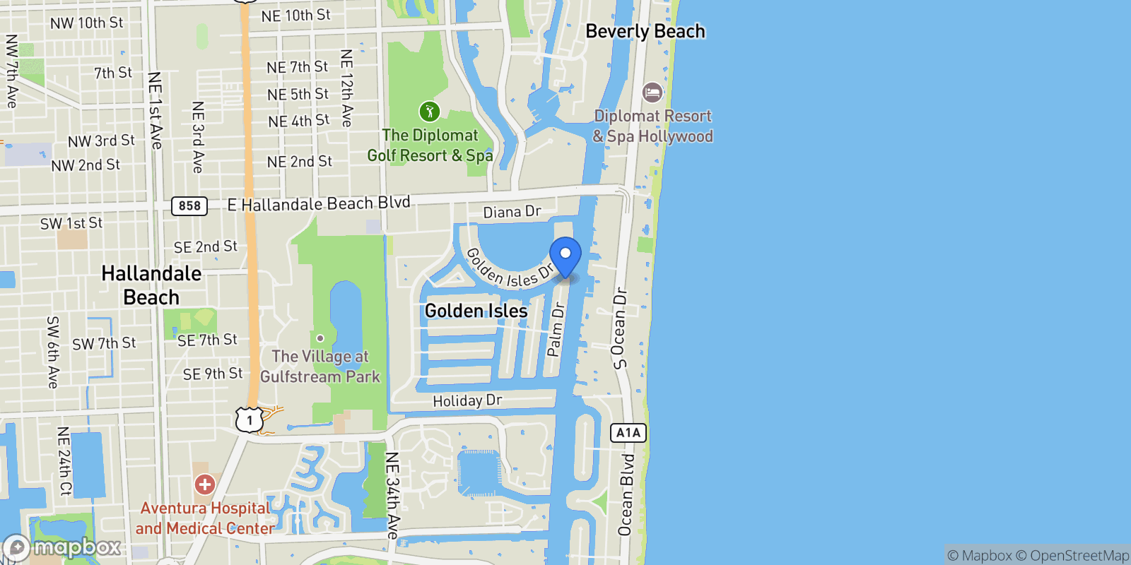 Map showing 501 Palm Dr, Hallandale Beach, Florida, United States.