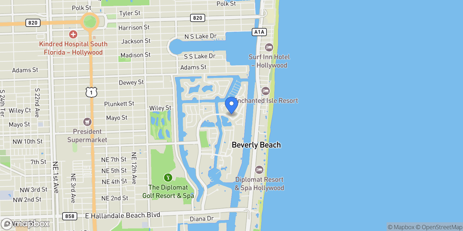 Map showing 876 W Spinnaker Dr W, Hollywood, Florida, United States.