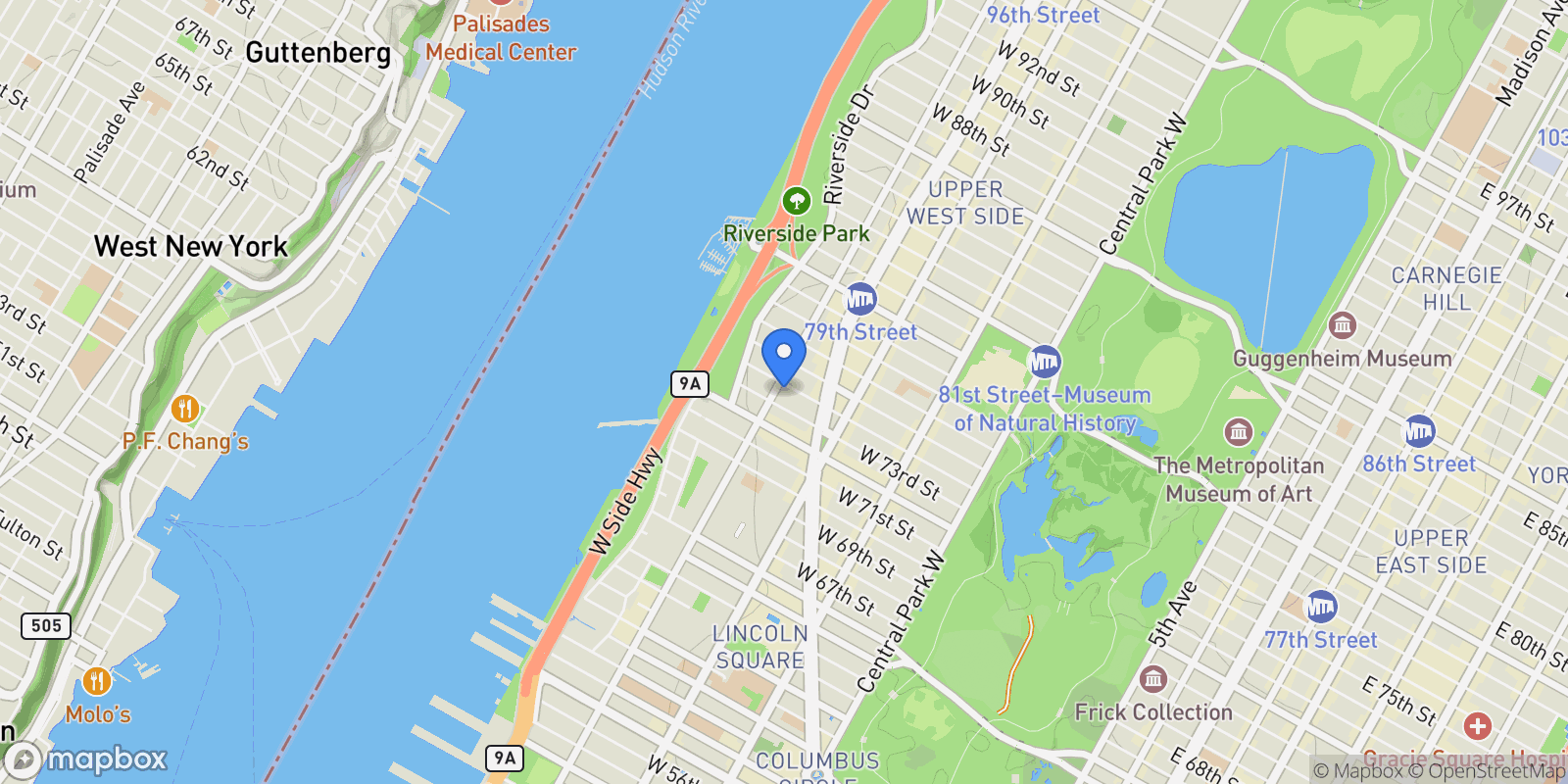 Map showing 290 W END AVE, New York, New York, United States.