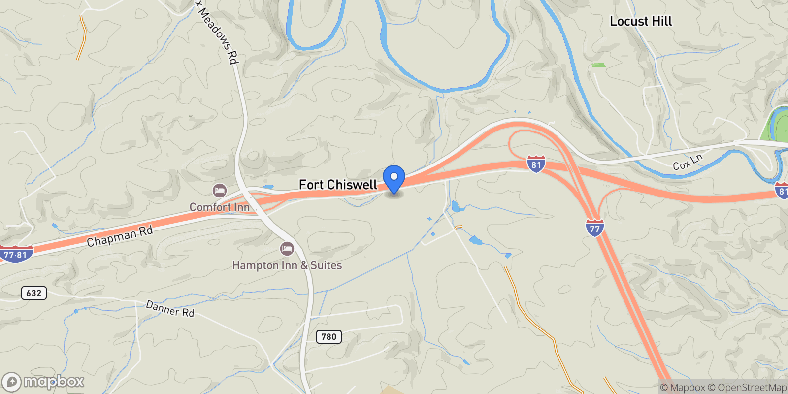 Map showing 325 Factory Outlet Dr, Max Meadows, VA 24360, Fort Chiswell, Virginia, United States.
