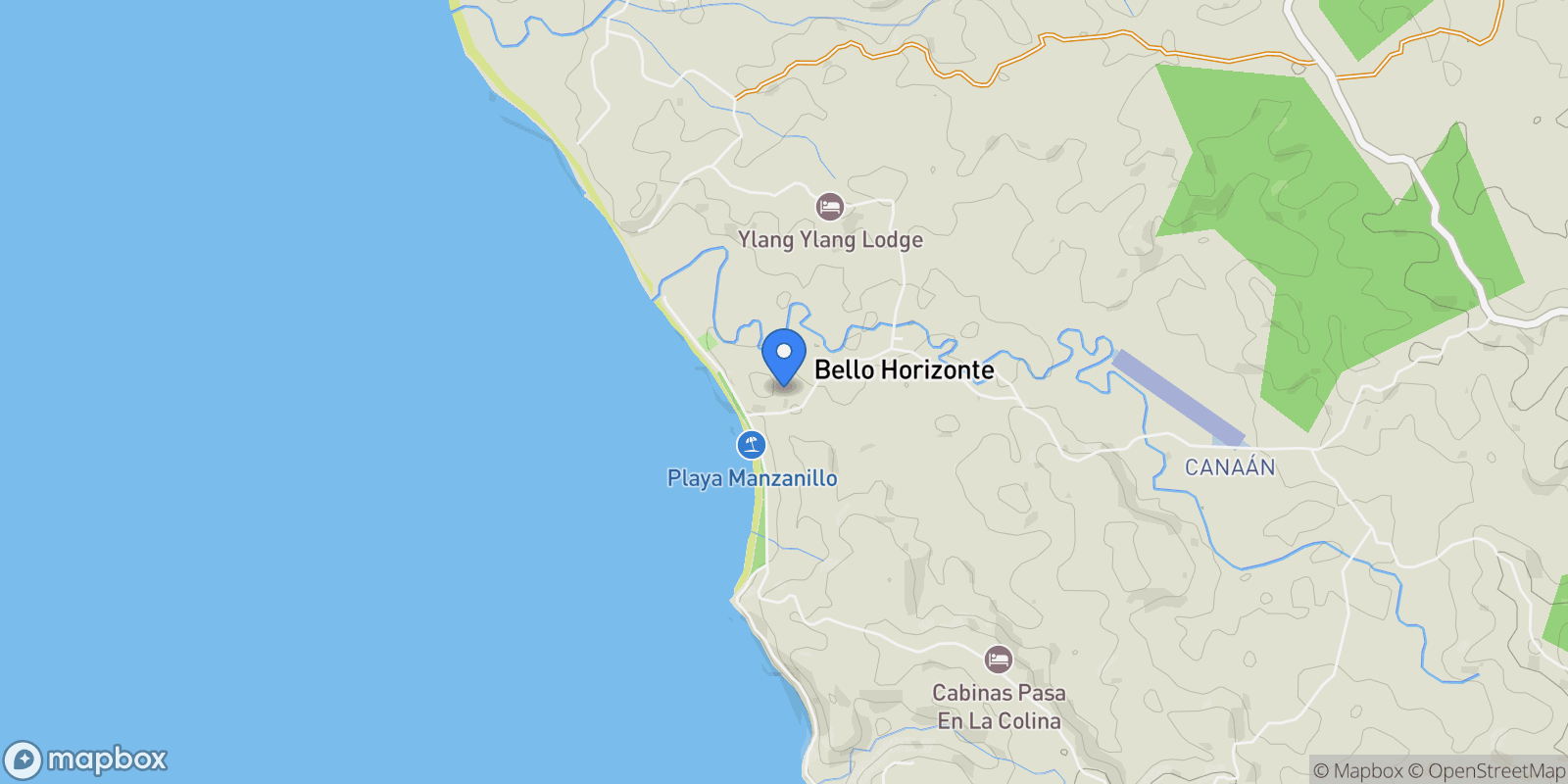 Map showing Manzanillo Beach, Manzanillo, Puntarenas Province, Costa Rica.