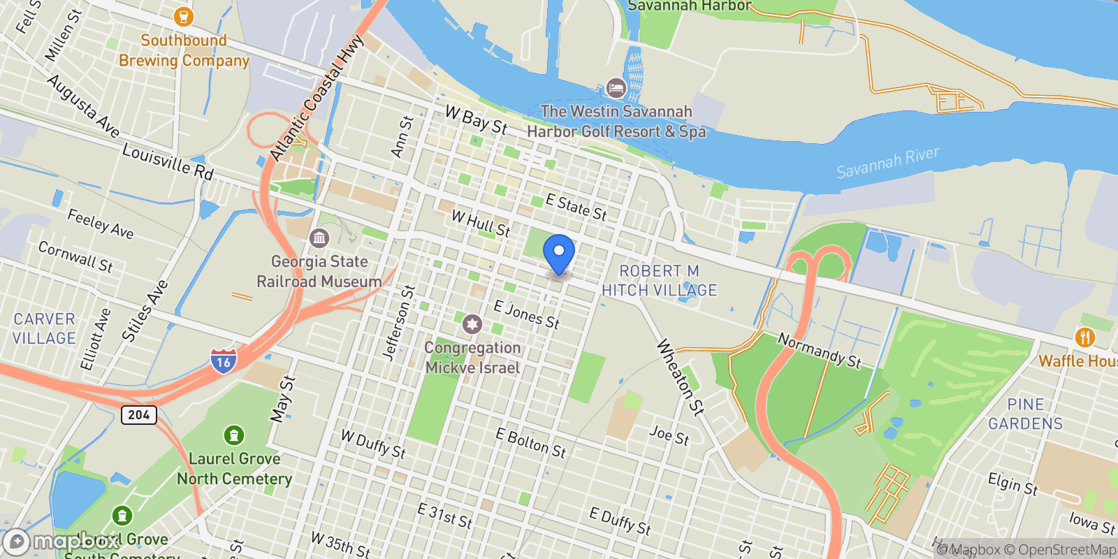 Map showing 405 E Liberty Street, Savannah, GA 31401, Savannah, Georgia, United States.